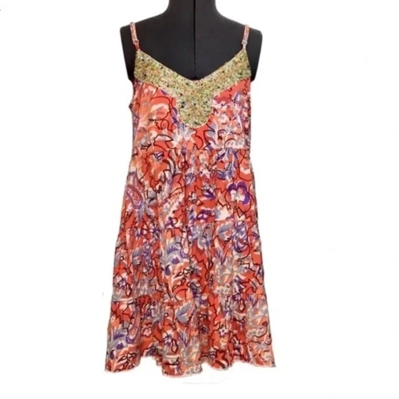 Free People Dresses & Skirts - Free People | Multicolored Boho Beaded Floral Spaghetti Strap Mini Dress, Medium